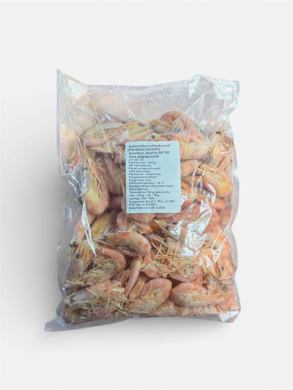 Замороженные, приготовленные в панцире гренландские креветки 90/120